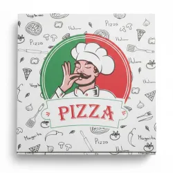 Caja de pizza cuadrada de cartón con diseño de chef italiano y patrón de iconos de pizza, vista superior