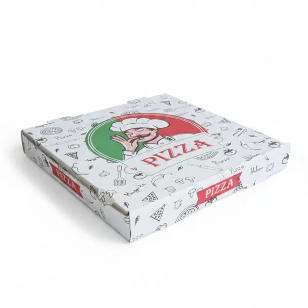 Caja de pizza de cartón corrugado blanco con chef italiano y texto PIZZA, tapa entreabierta