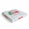 Caja de pizza de cartón corrugado blanco con chef italiano y texto PIZZA, tapa entreabierta