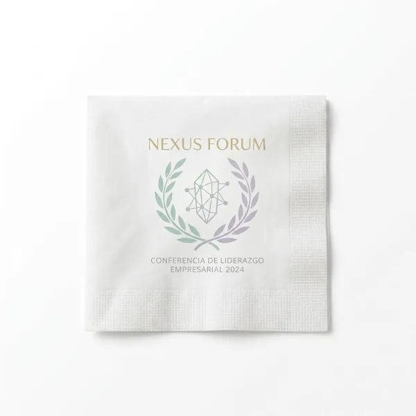 Servilleta de mesa blanca personalizada con diseño de laurel dorado y esmeralda para evento corporativo, vista cenital