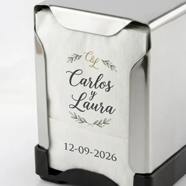 Dispensador de servilletas Mini Servis 17x17 grabado con nombres y fecha para boda